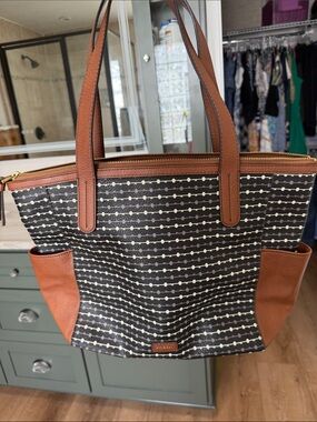 Fossil Black and White Patterned Tote with Brown Trim